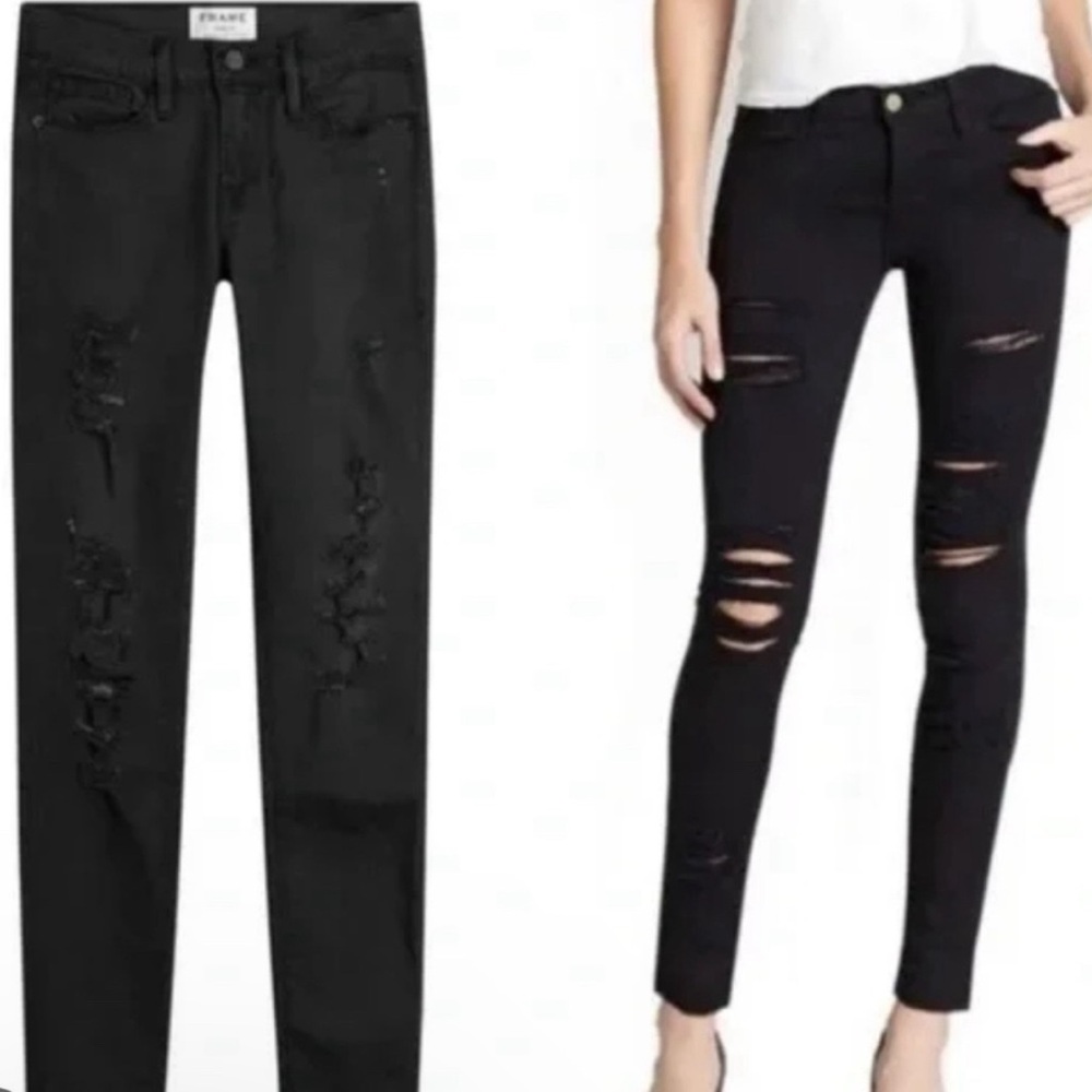 Frame - le skinny de jeanne distressed jeans Rawhem Sz 25 black new